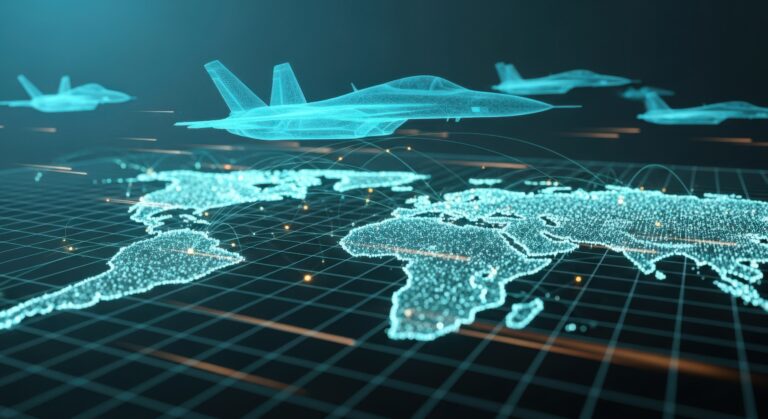 Avions futuristes survolant une carte du monde numérique, symbole de secteurs stratégiques et d’environnements technologiques exigeants