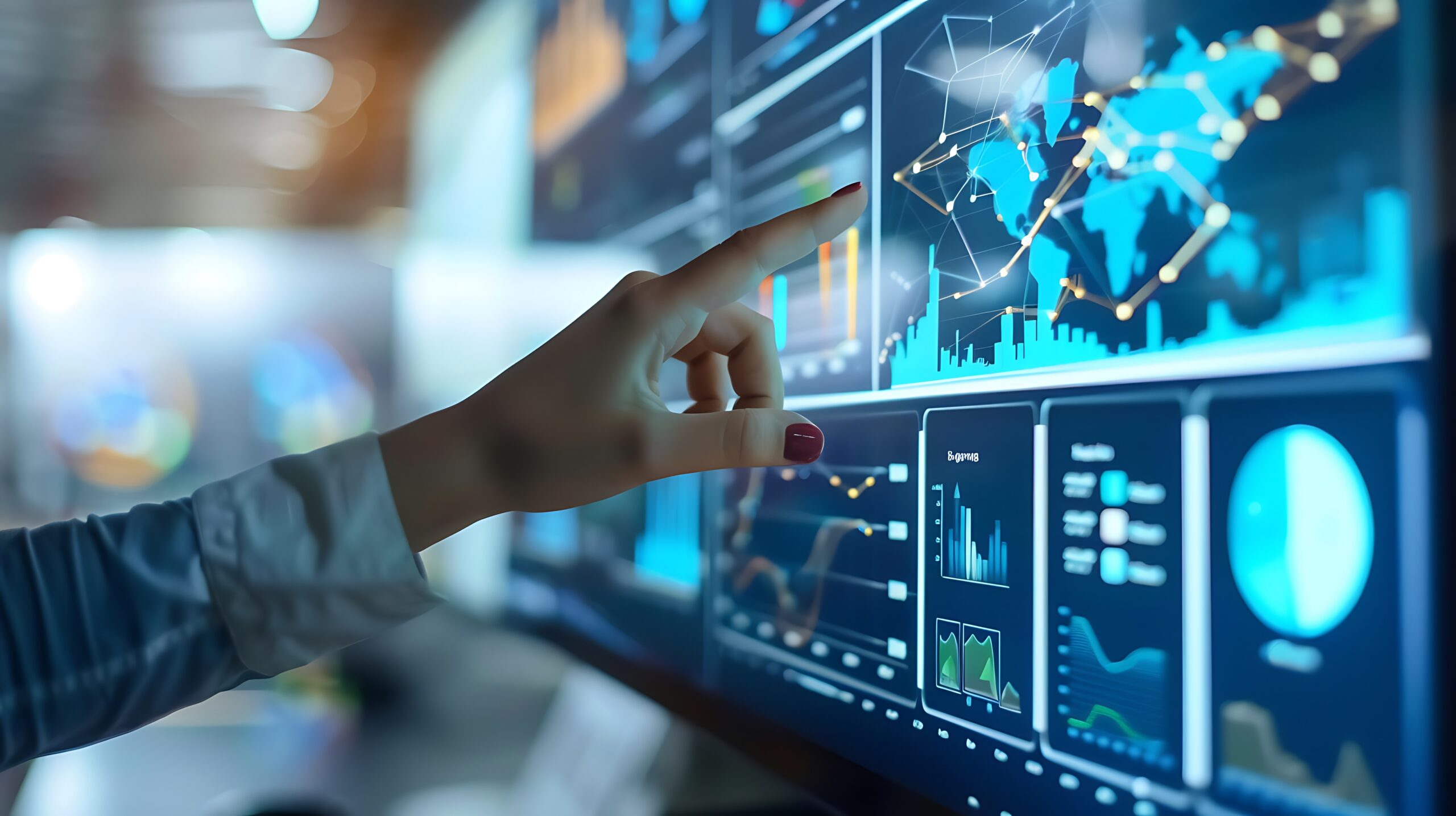 Main interagissant avec un tableau de bord numérique affichant des graphiques et indicateurs de performance