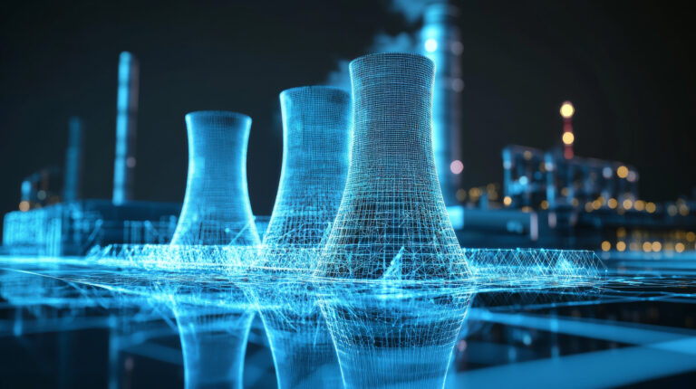 Structure énergétique stylisée en hologramme numérique, symbole d’engagement environnemental et d’innovation responsable