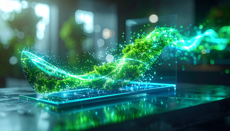 Forme lumineuse verte composée de particules numériques symbolisant un numérique responsable