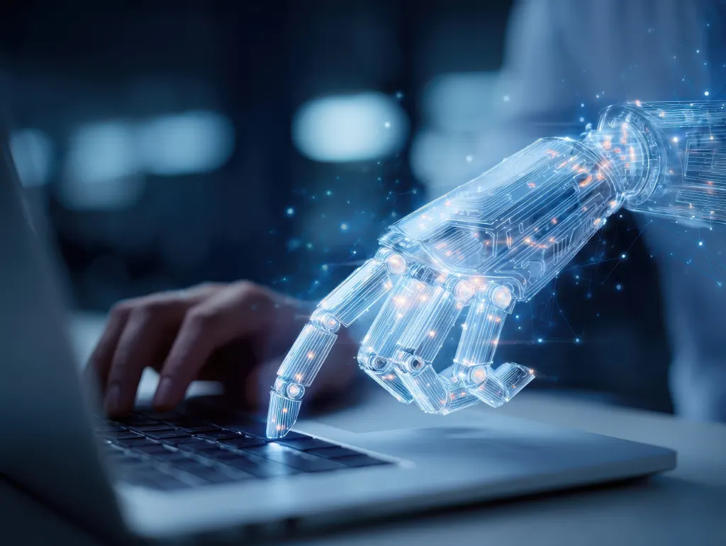 Personne utilisant un ordinateur portable avec une main humaine et une main robotisée symbolisant l’intelligence artificielle
