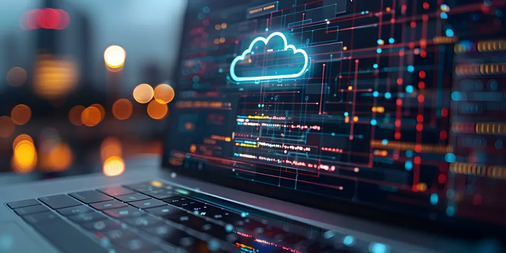 Ordinateur portable affichant une architecture Cloud et des flux de données illustrant la transformation des systèmes d’information