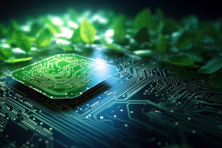 Circuit électronique vert entouré de végétation illustrant l’impact environnemental du numérique et la démarche de bilan carbone