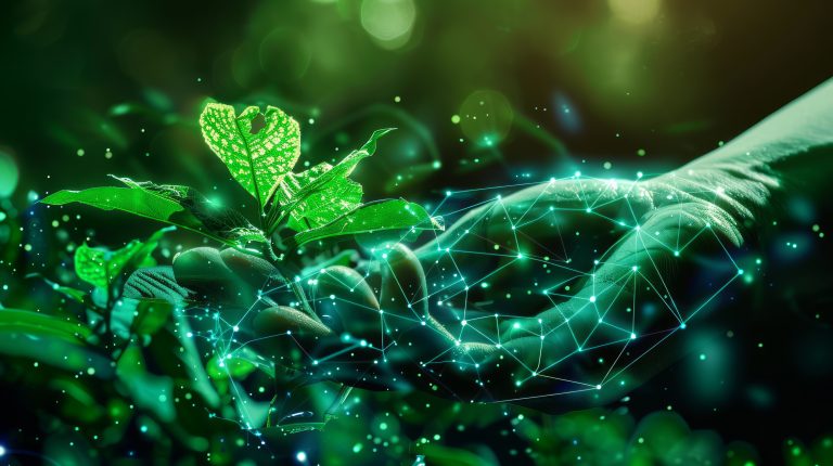 Main tenant une jeune plante verte avec un réseau numérique symbolisant les liens entre environnement et santé humaine